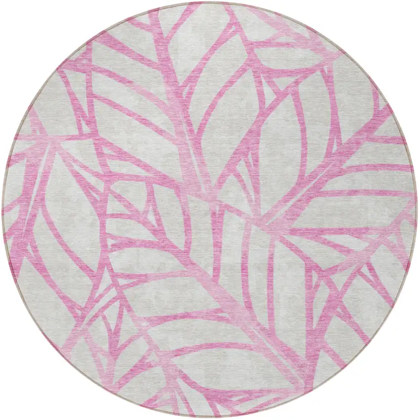 8' Pink And Beige Round Floral Washable Indoor Outdoor Area Rug Photo 6