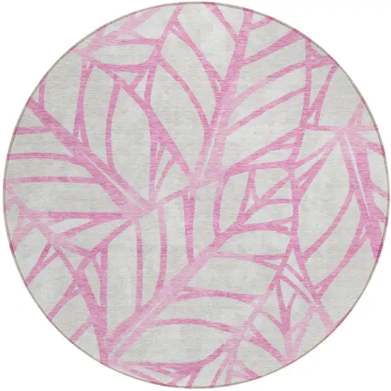 8' Pink And Beige Round Floral Washable Indoor Outdoor Area Rug Photo 1