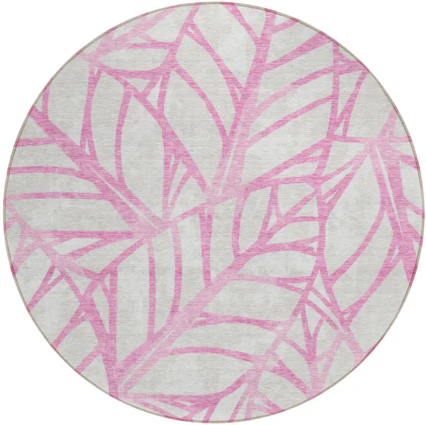 8' Pink And Beige Round Floral Washable Indoor Outdoor Area Rug Photo 1