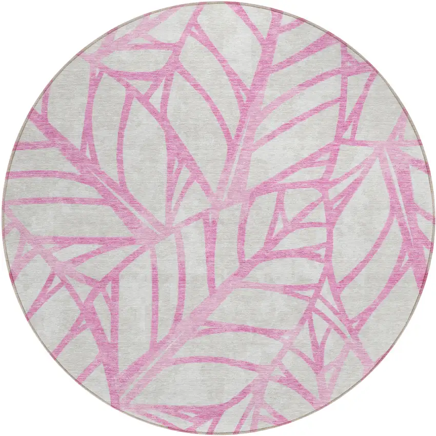 8' Pink And Beige Round Floral Washable Indoor Outdoor Area Rug Photo 1