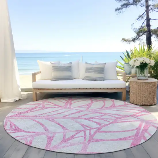 8' Pink And Beige Round Floral Washable Indoor Outdoor Area Rug Photo 7