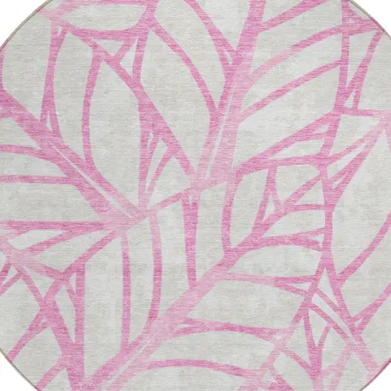 8' Pink And Beige Round Floral Washable Indoor Outdoor Area Rug Photo 5