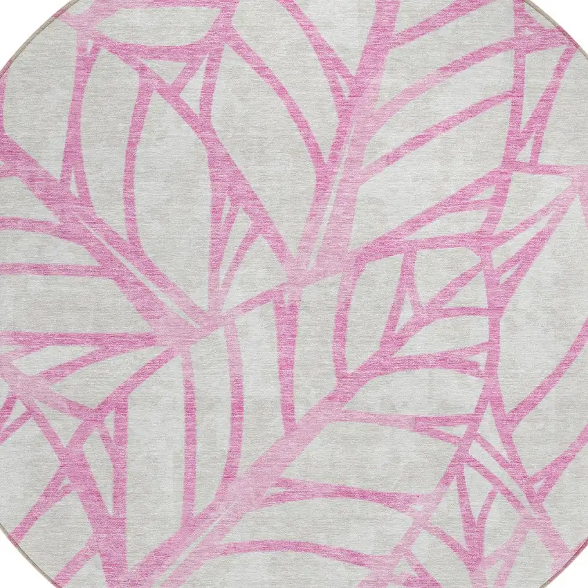 8' Pink And Beige Round Floral Washable Indoor Outdoor Area Rug Photo 5