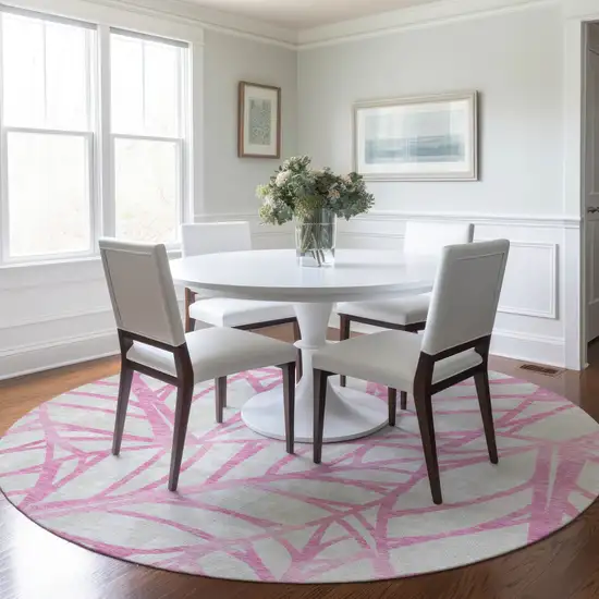 8' Pink And Beige Round Floral Washable Indoor Outdoor Area Rug Photo 8