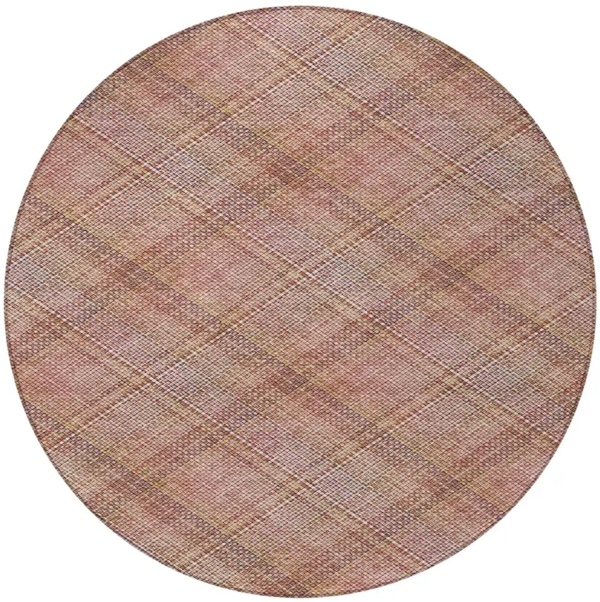 8' Pink And Beige Round Plaid Washable Indoor Outdoor Area Rug Photo 3