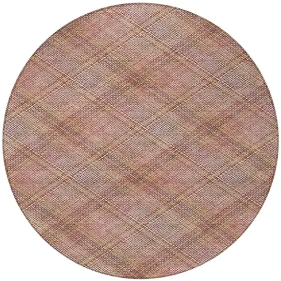 8' Pink And Beige Round Plaid Washable Indoor Outdoor Area Rug Photo 3