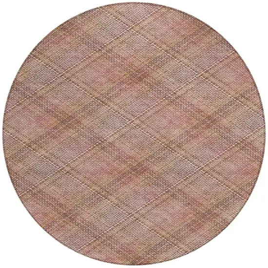 8' Pink And Beige Round Plaid Washable Indoor Outdoor Area Rug Photo 1