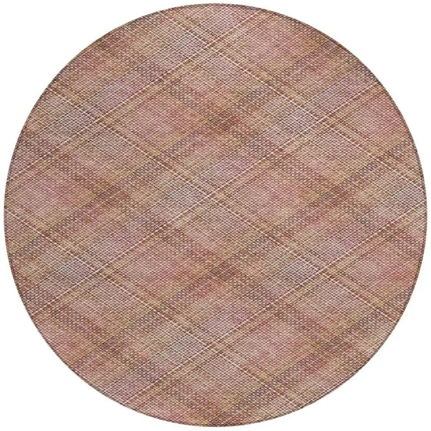 8' Pink And Beige Round Plaid Washable Indoor Outdoor Area Rug Photo 1