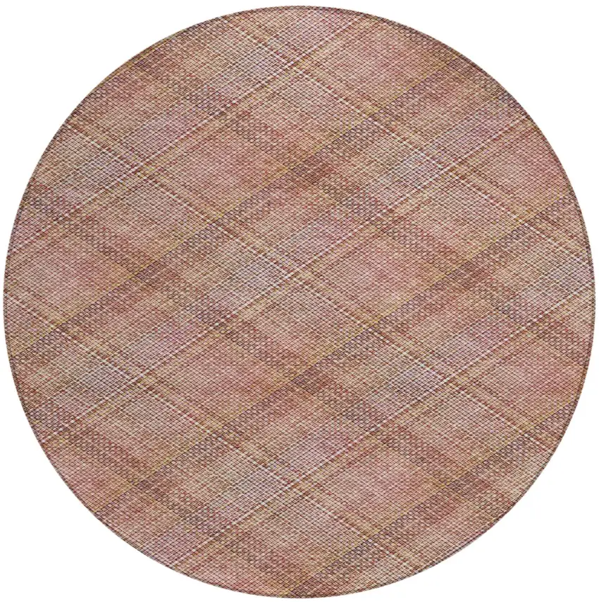 8' Pink And Beige Round Plaid Washable Indoor Outdoor Area Rug Photo 2