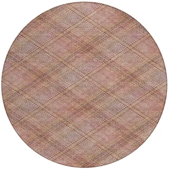 8' Pink And Beige Round Plaid Washable Indoor Outdoor Area Rug Photo 2