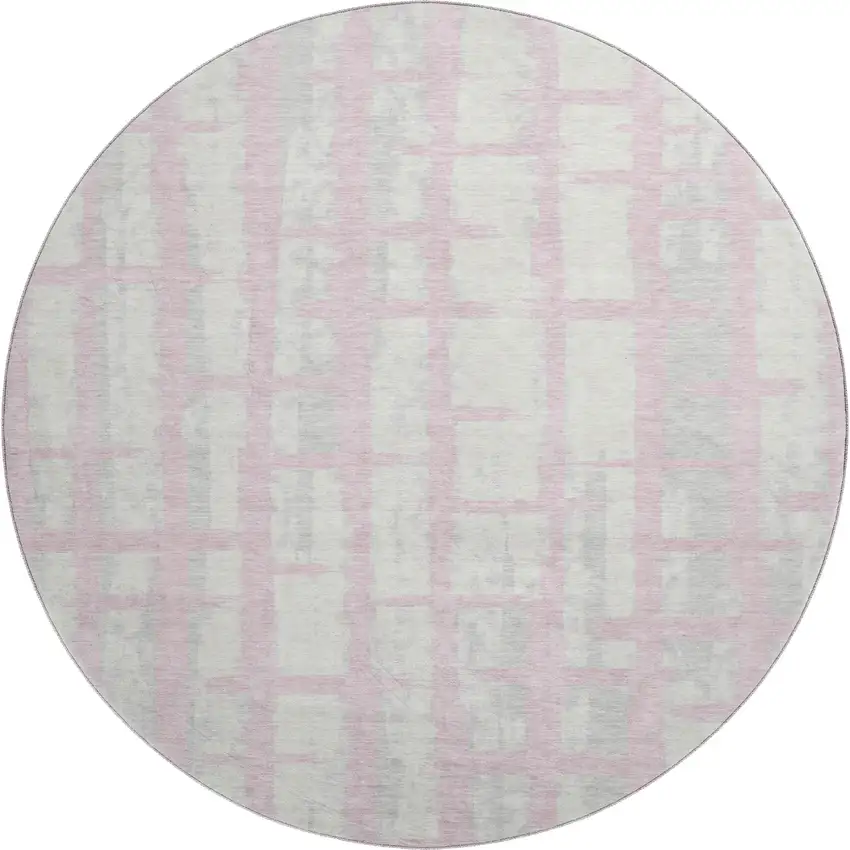 8' Pink And Beige Striped Washable Round Rug With UV Protection Photo 1