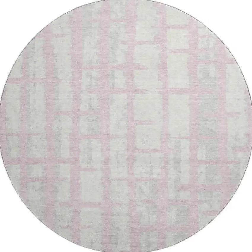8' Pink And Beige Striped Washable Round Rug With UV Protection Photo 4