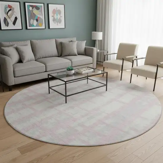 8' Pink And Beige Striped Washable Round Rug With UV Protection Photo 2