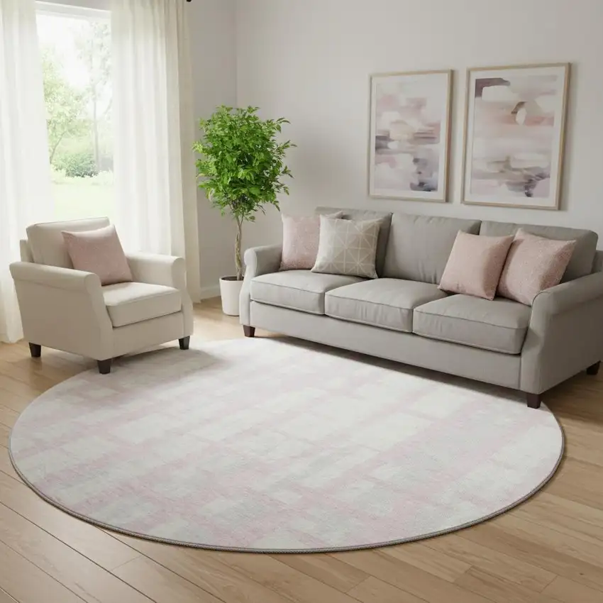 8' Pink And Beige Striped Washable Round Rug With UV Protection Photo 1