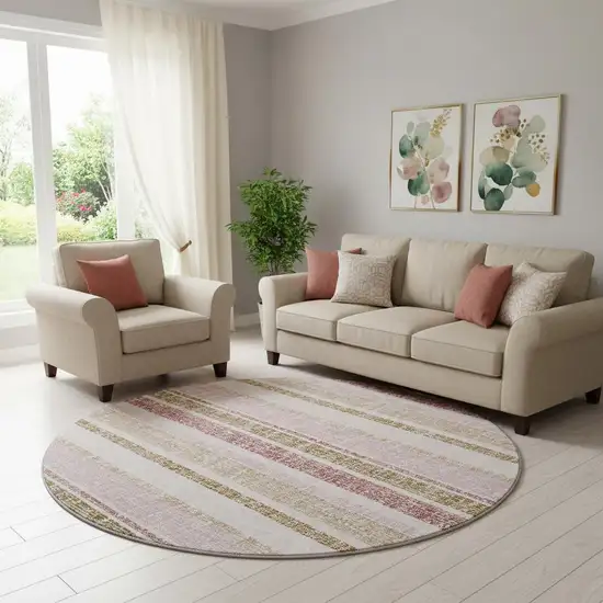 8' Pink And Beige Striped Washable Round Rug With UV Protection Photo 2
