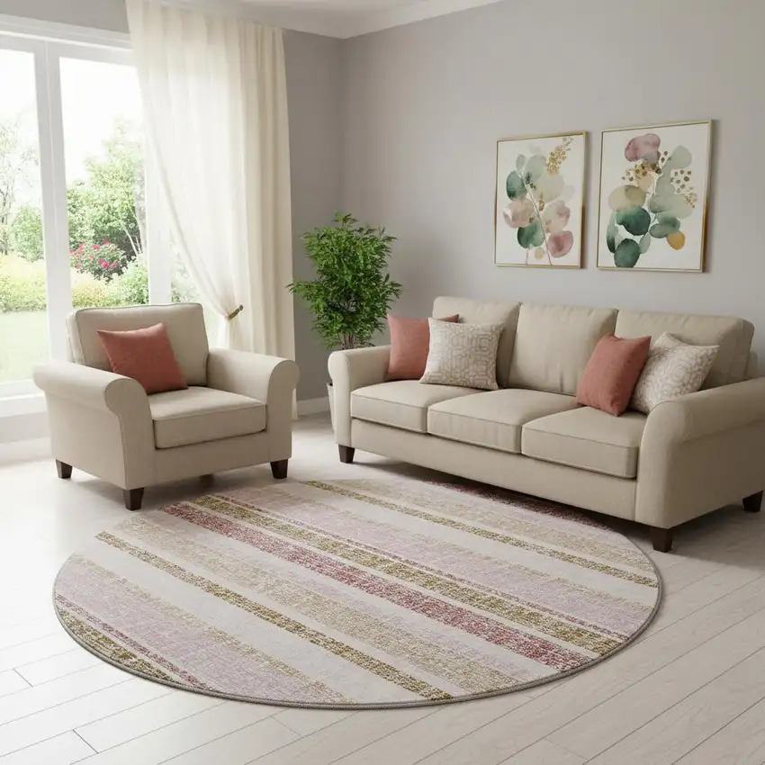 8' Pink And Beige Striped Washable Round Rug With UV Protection Photo 2