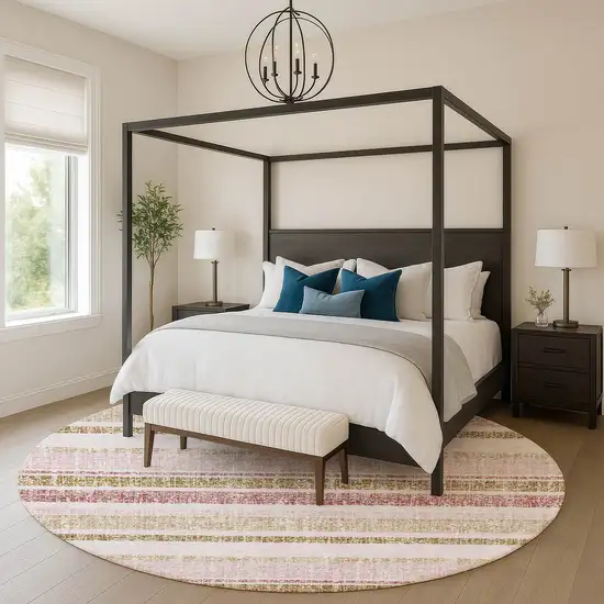 8' Pink And Beige Striped Washable Round Rug With UV Protection Photo 5