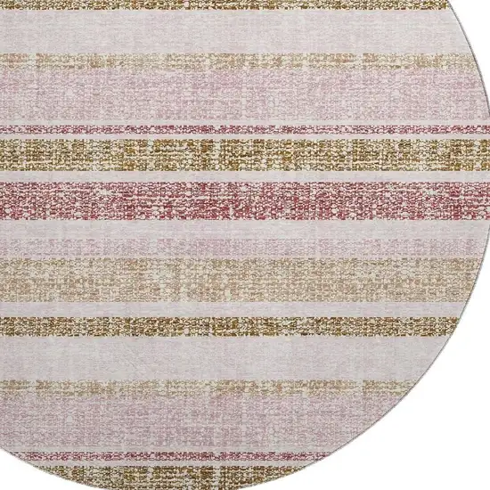 8' Pink And Beige Striped Washable Round Rug With UV Protection Photo 3