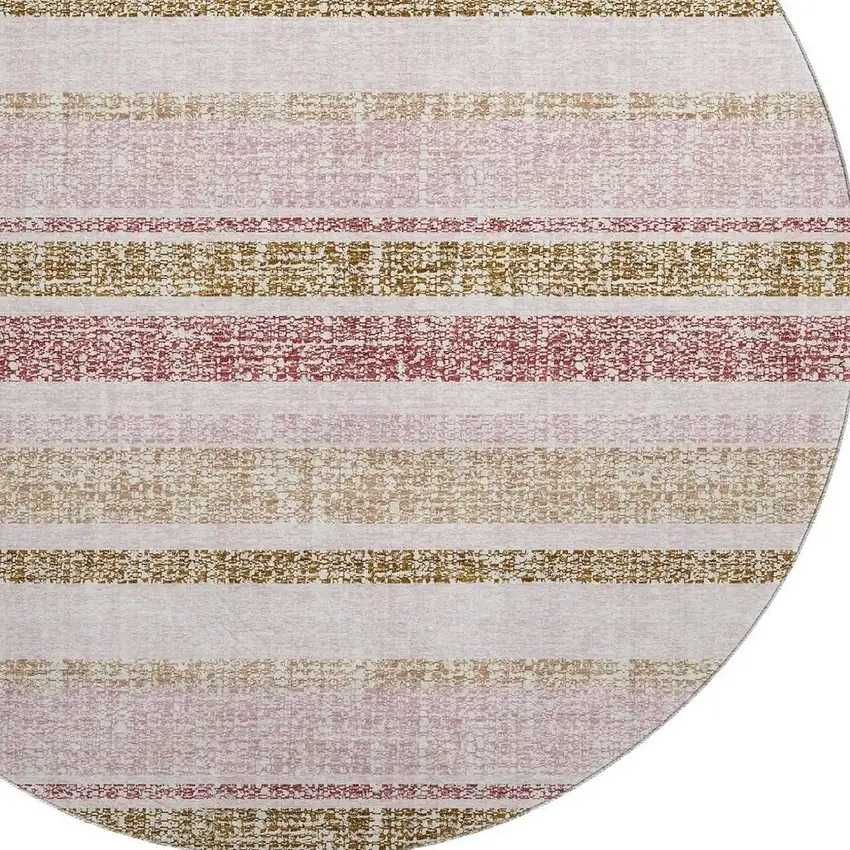 8' Pink And Beige Striped Washable Round Rug With UV Protection Photo 3