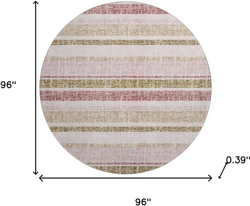 8' Pink And Beige Striped Washable Round Rug With UV Protection Photo 8