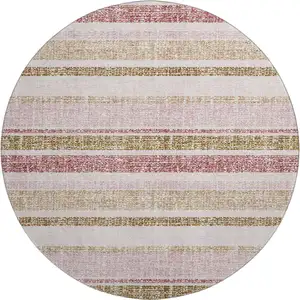 Photo of 8' Pink And Beige Striped Washable Round Rug With UV Protection