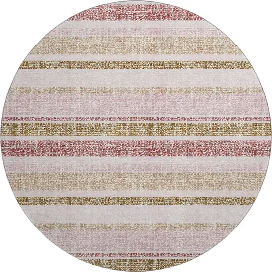 8' Pink And Beige Striped Washable Round Rug With UV Protection Photo 1