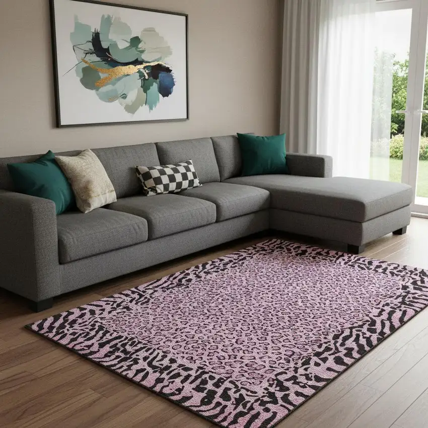8' Pink And Black Animal Print Washable Area Rug With UV Protection Photo 2