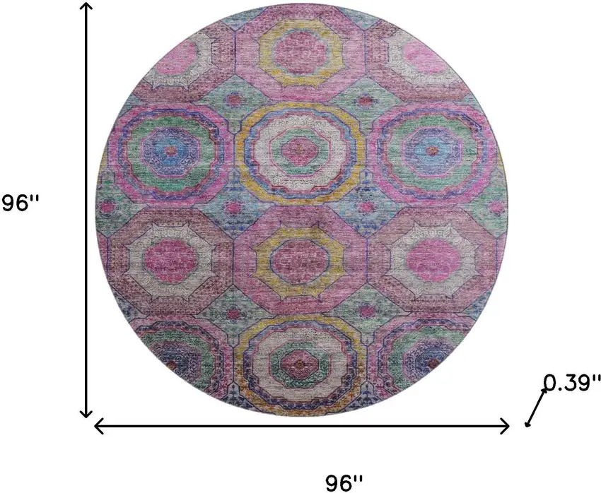 8' Pink And Blue Geometric Washable Round Rug With UV Protection Photo 8
