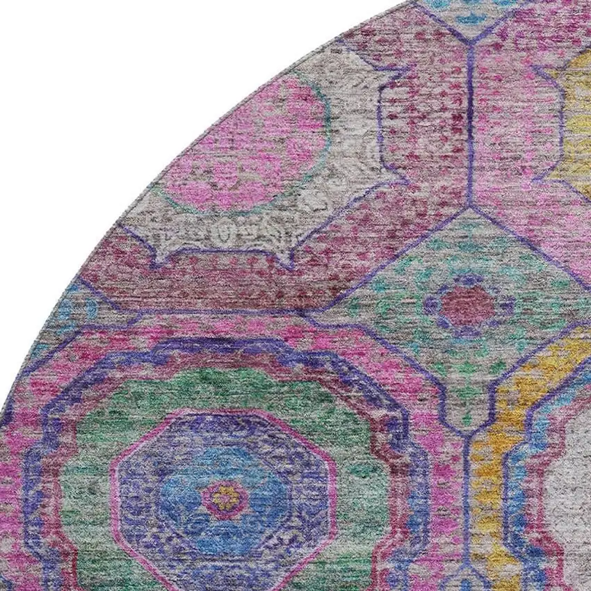 8' Pink And Blue Geometric Washable Round Rug With UV Protection Photo 3