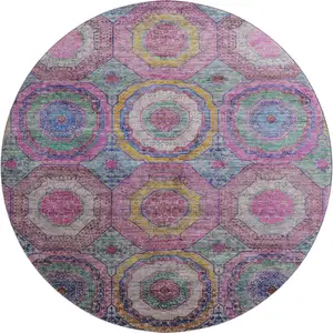 Photo of 8' Pink And Blue Geometric Washable Round Rug With UV Protection
