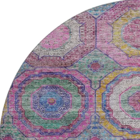 8' Pink And Blue Geometric Washable Round Rug With UV Protection Photo 4
