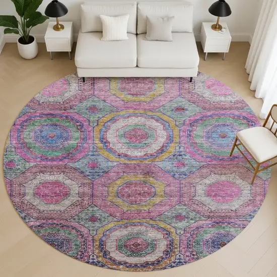 8' Pink And Blue Geometric Washable Round Rug With UV Protection Photo 5