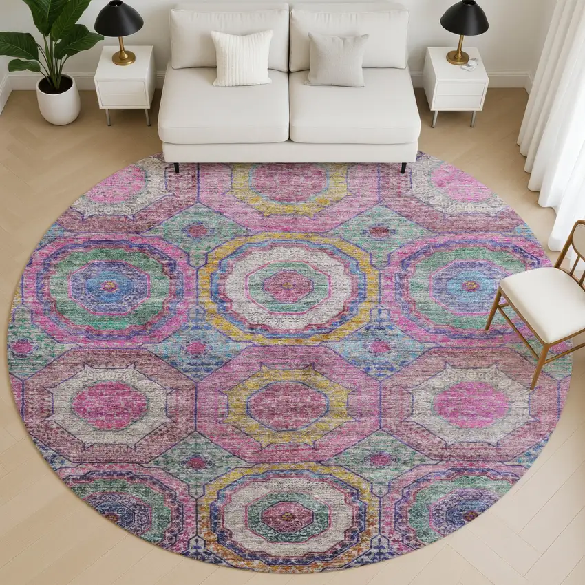 8' Pink And Blue Geometric Washable Round Rug With UV Protection Photo 5