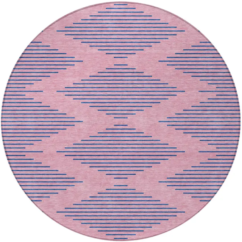8' Pink And Blue Round Geometric Washable Indoor Outdoor Area Rug Photo 6