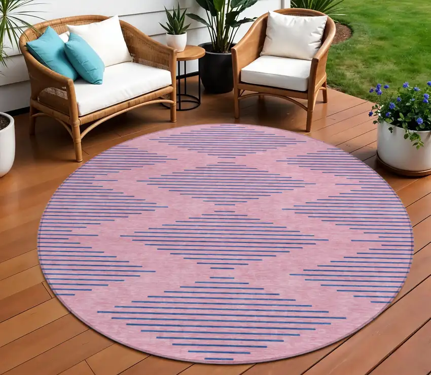 8' Pink And Blue Round Geometric Washable Indoor Outdoor Area Rug Photo 1