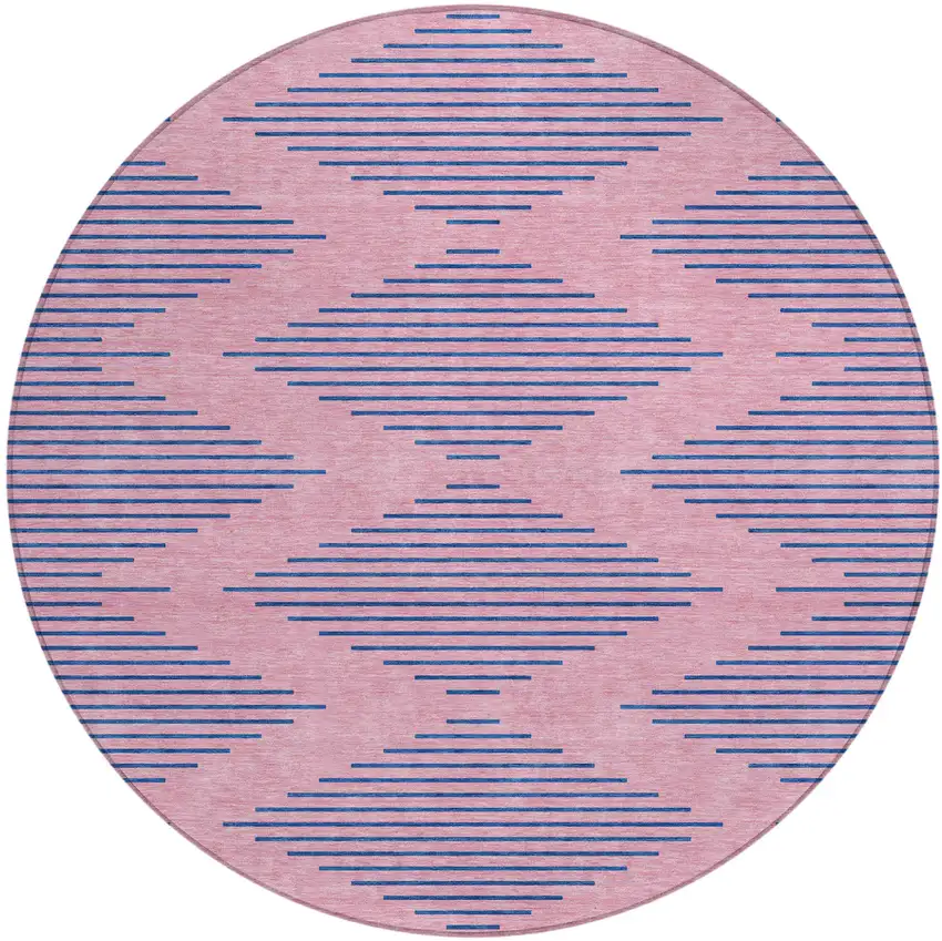 8' Pink And Blue Round Geometric Washable Indoor Outdoor Area Rug Photo 2