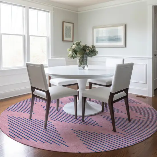 8' Pink And Blue Round Geometric Washable Indoor Outdoor Area Rug Photo 8