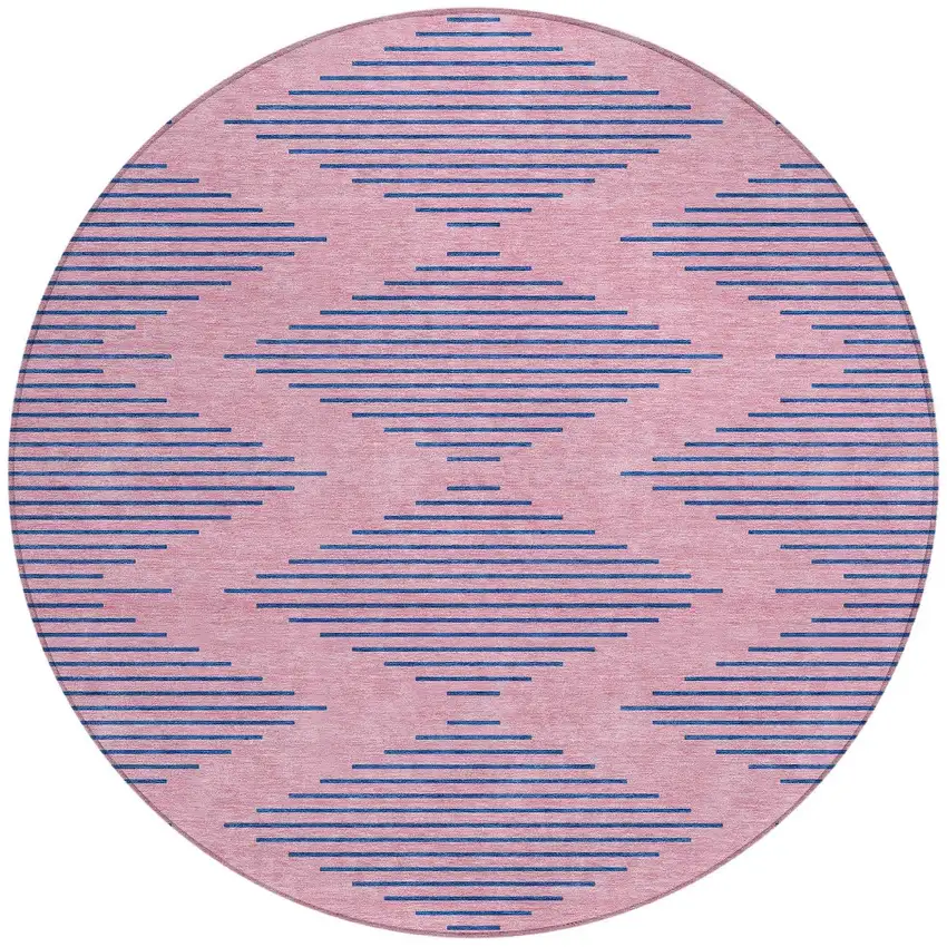 8' Pink And Blue Round Geometric Washable Indoor Outdoor Area Rug Photo 5