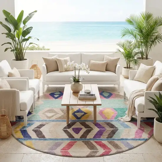 8' Pink And Blue Round Tribal Washable Indoor Outdoor Area Rug Photo 1