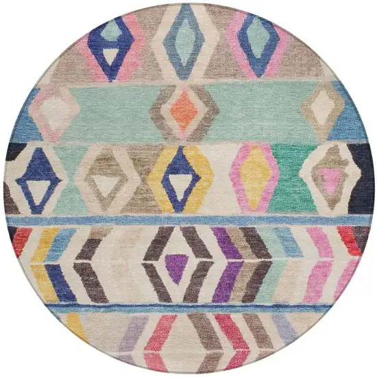 8' Pink And Blue Round Tribal Washable Indoor Outdoor Area Rug Photo 4