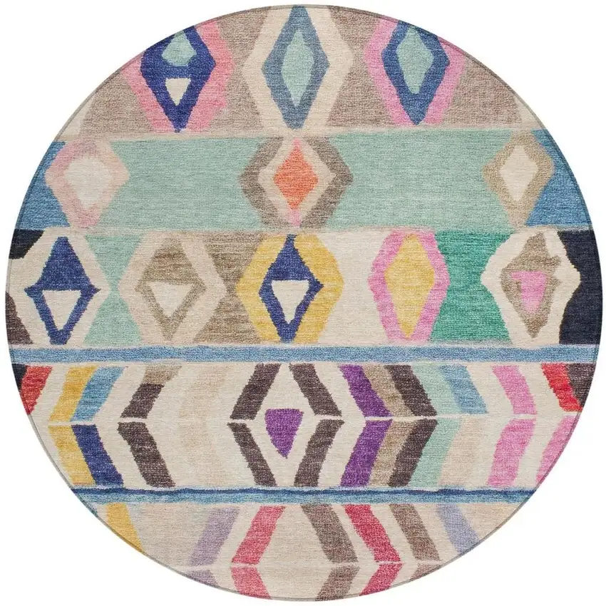 8' Pink And Blue Round Tribal Washable Indoor Outdoor Area Rug Photo 4