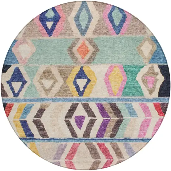 8' Pink And Blue Round Tribal Washable Indoor Outdoor Area Rug Photo 2