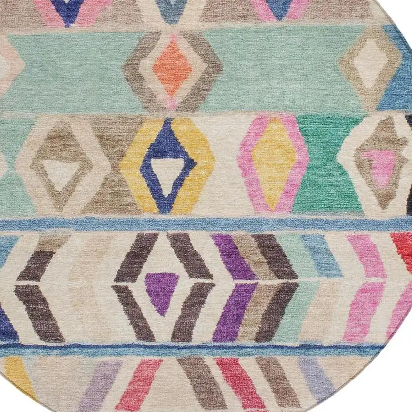 8' Pink And Blue Round Tribal Washable Indoor Outdoor Area Rug Photo 3