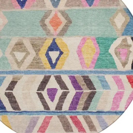 8' Pink And Blue Round Tribal Washable Indoor Outdoor Area Rug Photo 3