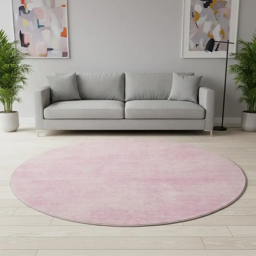 8' Pink And Blush Abstract Washable Round Rug With UV Protection Photo 2