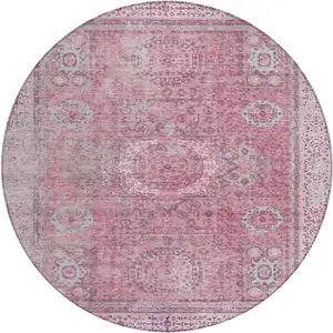 Photo of 8' Pink And Blush Round Floral Medallion Washable Indoor Outdoor Area Rug