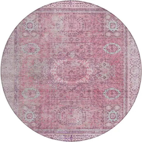 8' Pink And Blush Round Floral Medallion Washable Indoor Outdoor Area Rug Photo 1