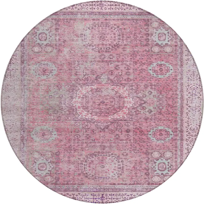 8' Pink And Blush Round Floral Medallion Washable Indoor Outdoor Area Rug Photo 1