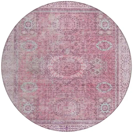 8' Pink And Blush Round Floral Medallion Washable Indoor Outdoor Area Rug Photo 3