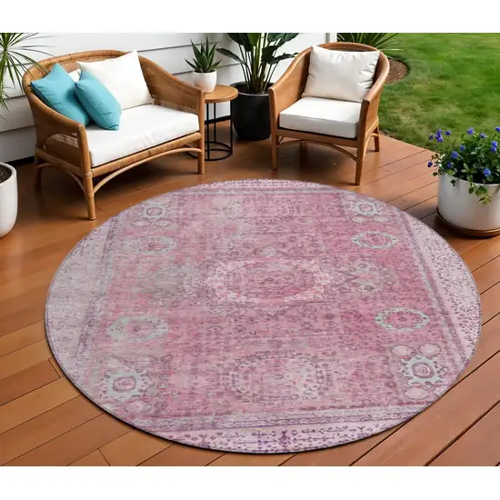 8' Pink And Blush Round Floral Medallion Washable Indoor Outdoor Area Rug Photo 2